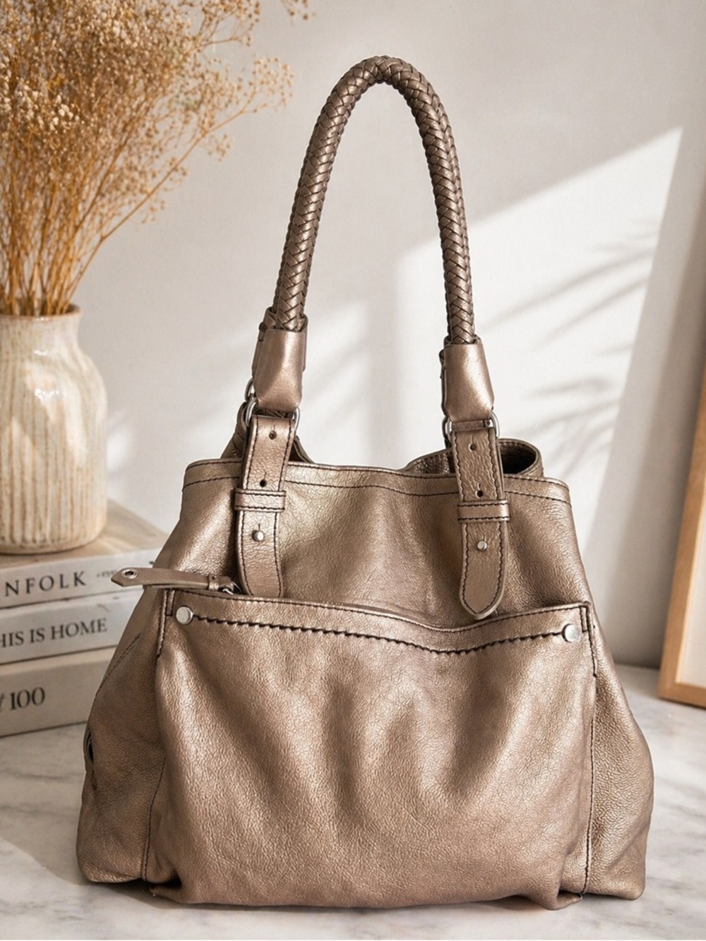 Cole Haan Metallic Leather Tote Bag Braided Handle Shoulder Bag